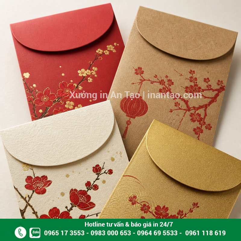 Chất liệu giấy in bao lì xì theo yêu cầu Các chất liệu giấy dùng in bao lì xì gồm Couche Kraft mỹ thuật và ánh kim