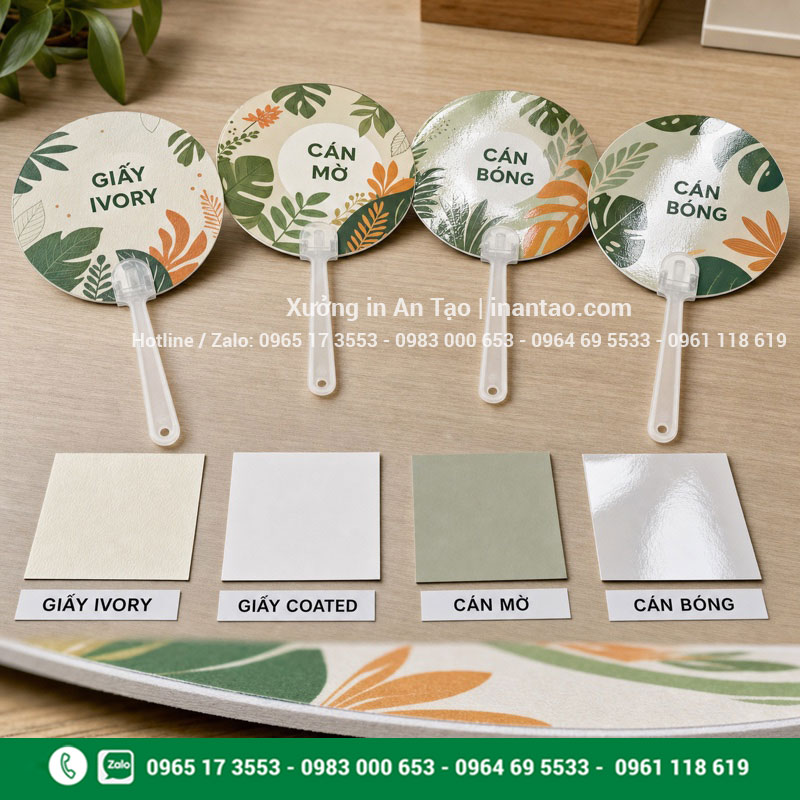 Chất liệu in quạt giấy cầm tay cán mờ và cán bóng So sánh chất liệu và cán màng in quạt giấy cầm tay