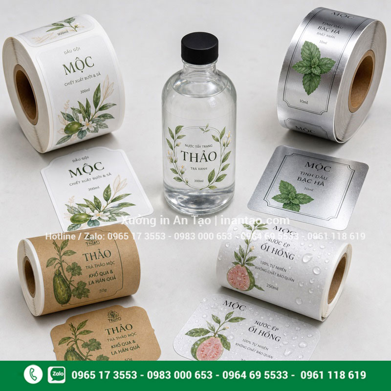 So sánh chất liệu in tem nhãn decal Mẫu decal giấy nhựa trong kraft và bạc dùng để in tem nhãn