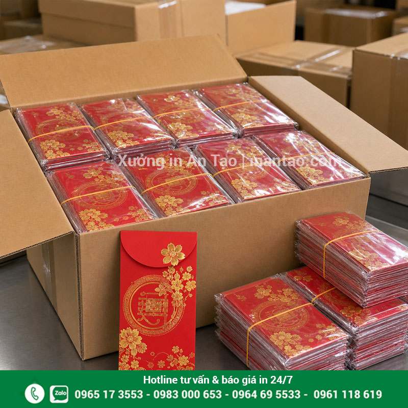 Đóng gói bao lì xì thành phẩm giao khách Đóng gói đơn in bao lì xì giá sỉ theo bộ tại xưởng