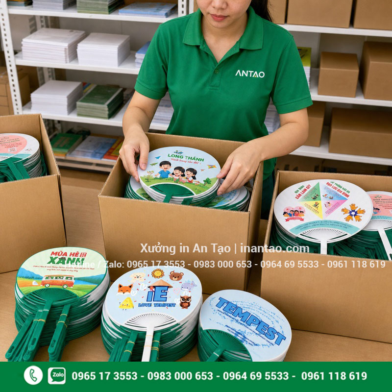 Đóng gói quạt nhựa quảng cáo giao khách Đóng gói quạt nhựa quảng cáo sau khi sản xuất