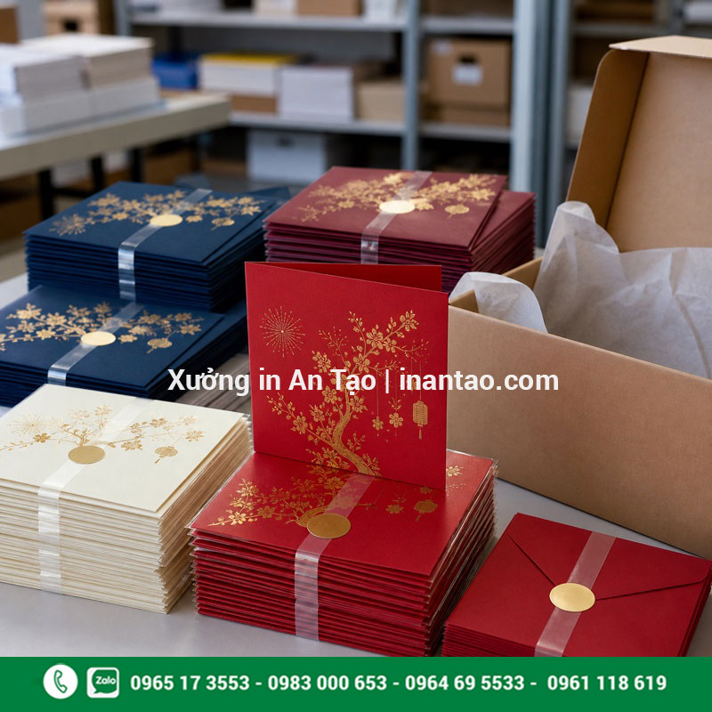 Thiệp Tết thành phẩm được kiểm tra và đóng gói Đóng gói thiệp Tết thành phẩm kèm phong bì tại xưởng