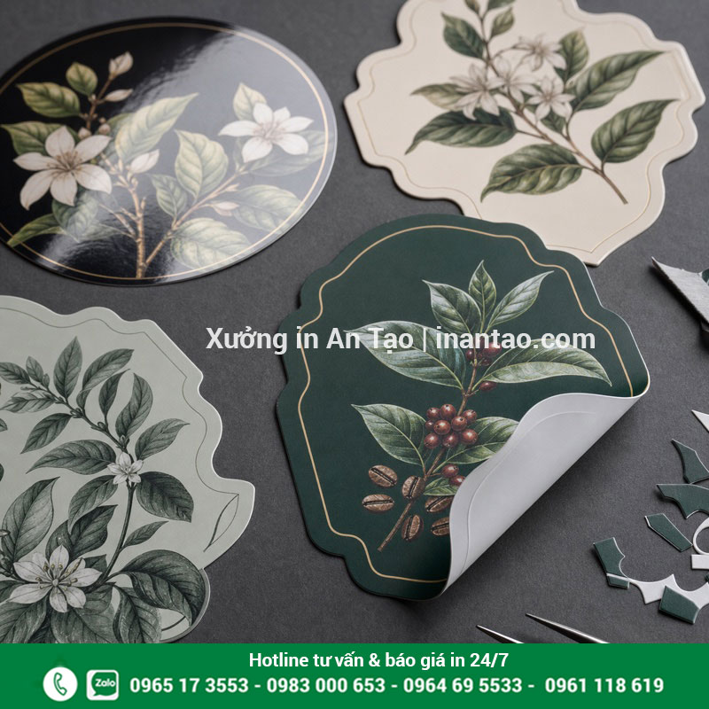 Cận cảnh tem decal cán bóng cán mờ và bế viền Gia công cán màng và bế demi tem decal theo hình