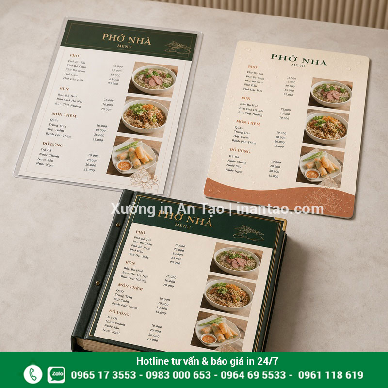 Giá in menu theo chất liệu và số lượng Các quy cách menu bìa cứng và menu nhựa dùng để tính giá in menu