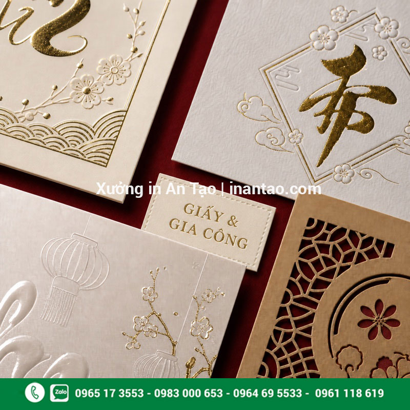 Giấy và gia công in thiệp Tết Các loại giấy và kỹ thuật gia công thiệp Tết ép kim dập nổi