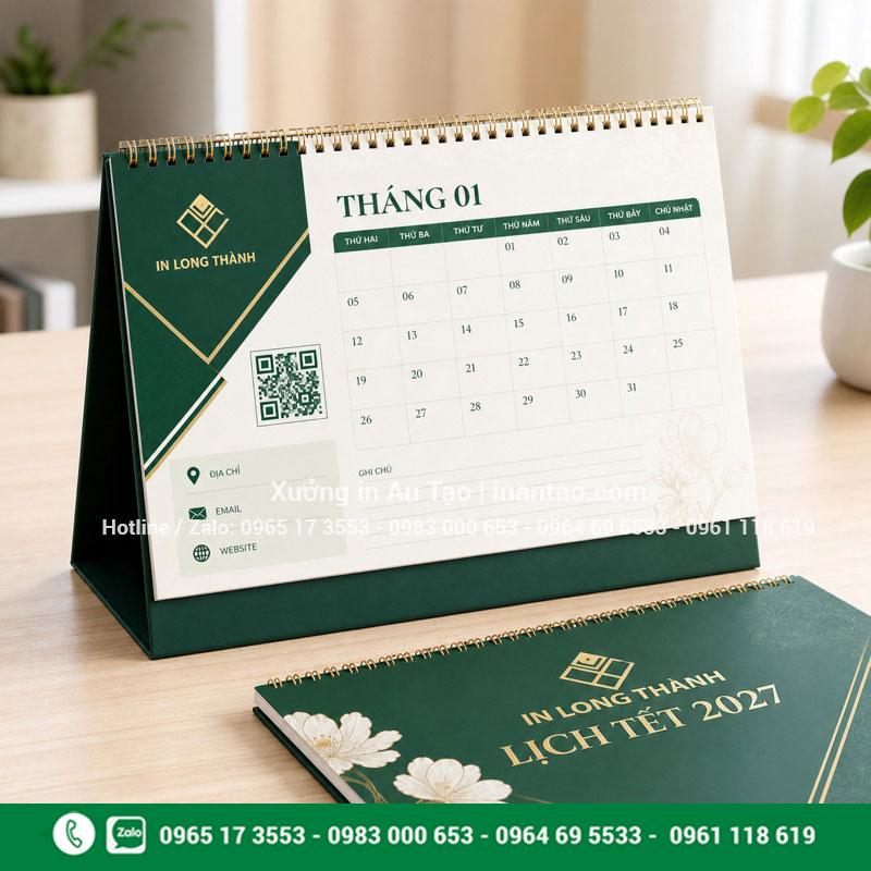 Mẫu in lịch để bàn theo yêu cầu In lịch để bàn theo yêu cầu có logo và thông tin doanh nghiệp