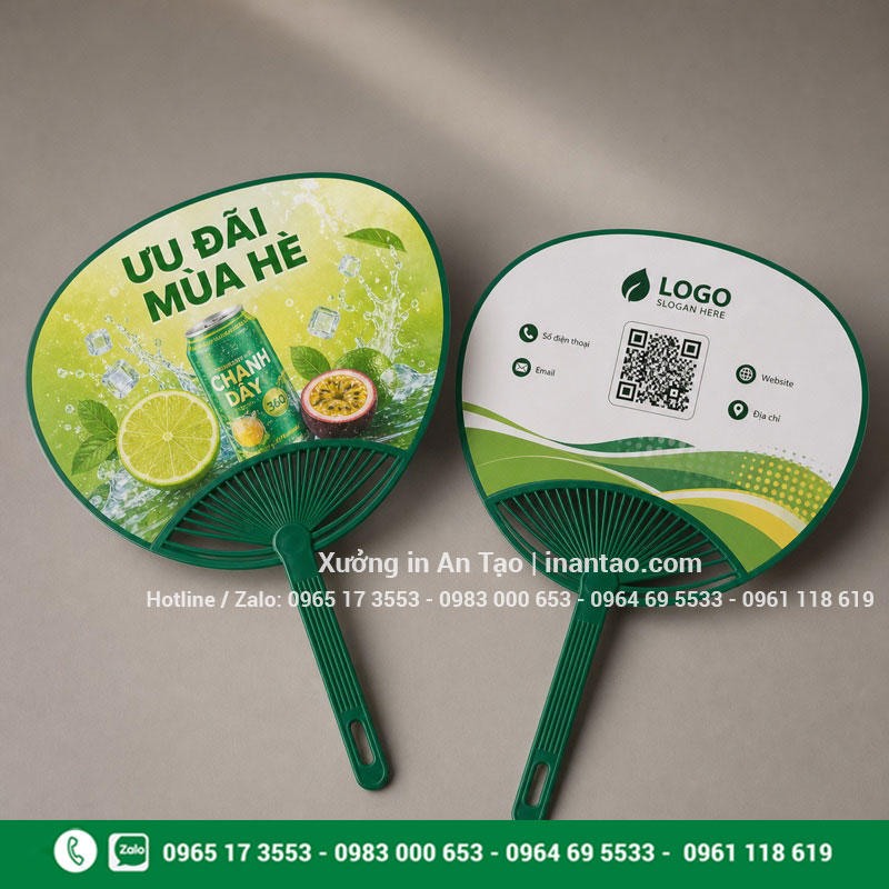 Mẫu in quạt nhựa cầm tay hai mặt sắc nét In quạt nhựa cầm tay hai mặt với mã QR và hình quảng cáo