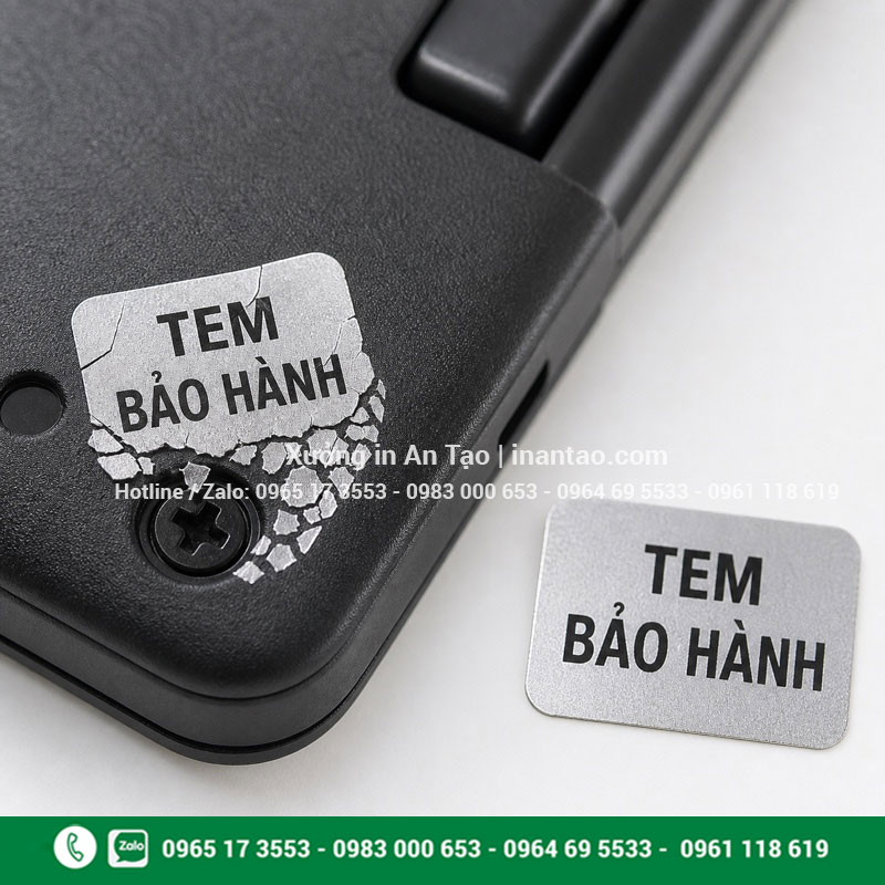 In tem bảo hành vỡ niêm phong đầu ốc thiết bị Cận cảnh tem bảo hành vỡ khi bóc khỏi ốc thiết bị