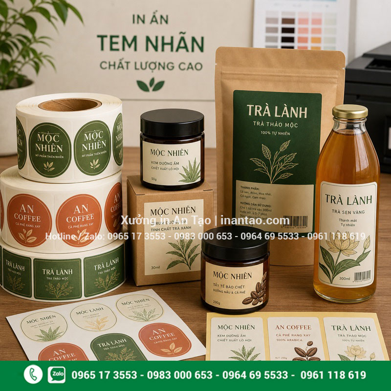 In tem nhãn theo yêu cầu tại inlongthanh.com Bộ tem nhãn theo yêu cầu đã in và dán hoàn thiện trên nhiều sản phẩm