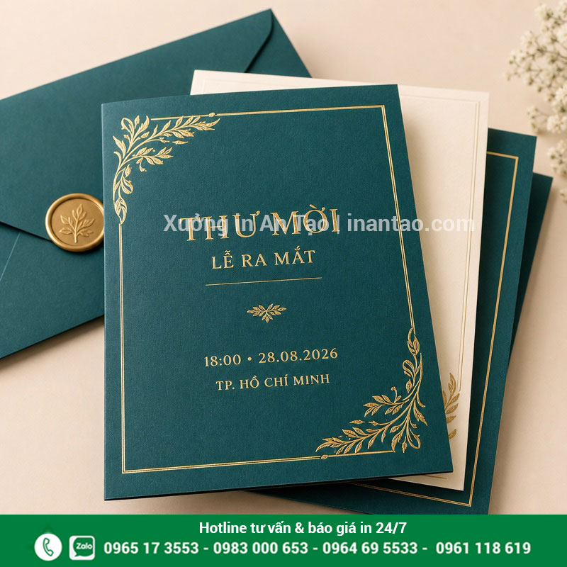 In thiệp mời sự kiện cao cấp màu xanh ngọc ép kim vàng