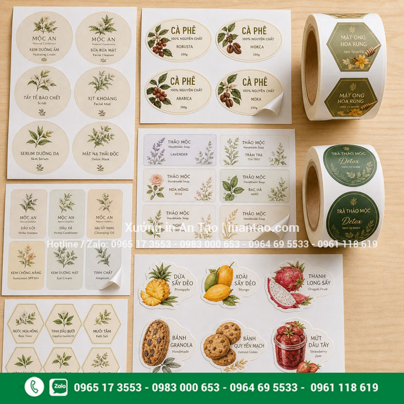 Kích thước và hình dáng tem nhãn theo yêu cầu Tem nhãn tròn oval chữ nhật và bế theo hình riêng đã hoàn thiện