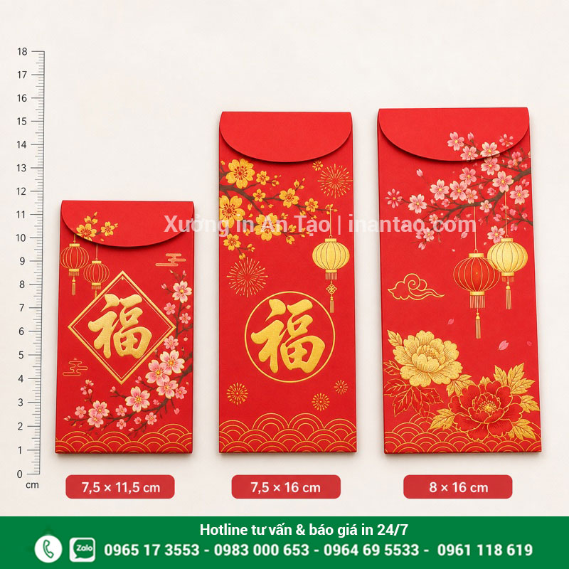 Kích thước in bao lì xì thông dụng So sánh kích thước in bao lì xì phổ biến 8 x 16 cm và 7,5 x 16 cm