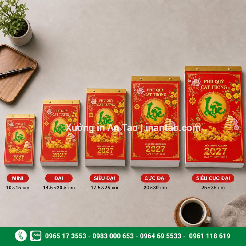 Các kích thước lịch bloc phổ biến So sánh năm kích thước lịch bloc từ mini đến siêu cực đại
