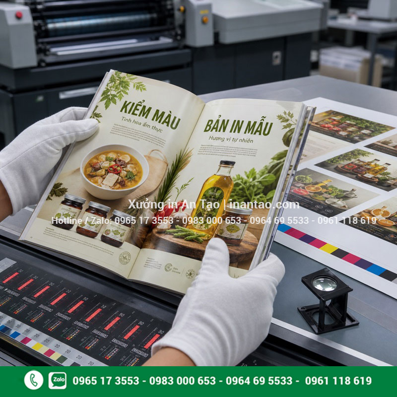 Kiểm màu trước khi hoàn thiện catalogue Nhân viên kiểm màu bản in catalogue tại xưởng