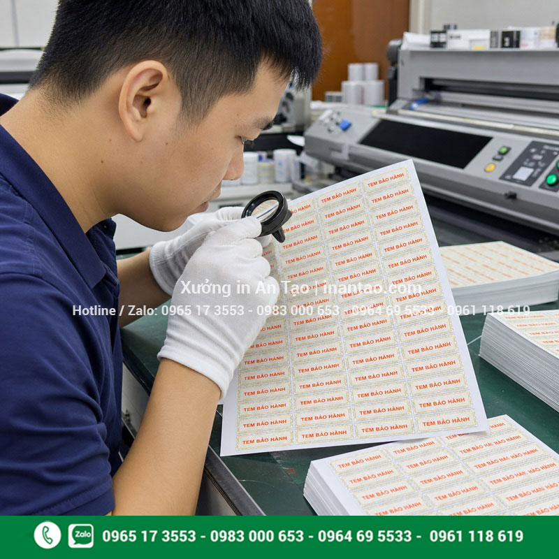 Kiểm tra tem bảo hành chất lượng cao tại xưởng in Kỹ thuật viên kiểm tra chất lượng tờ tem bảo hành sau in