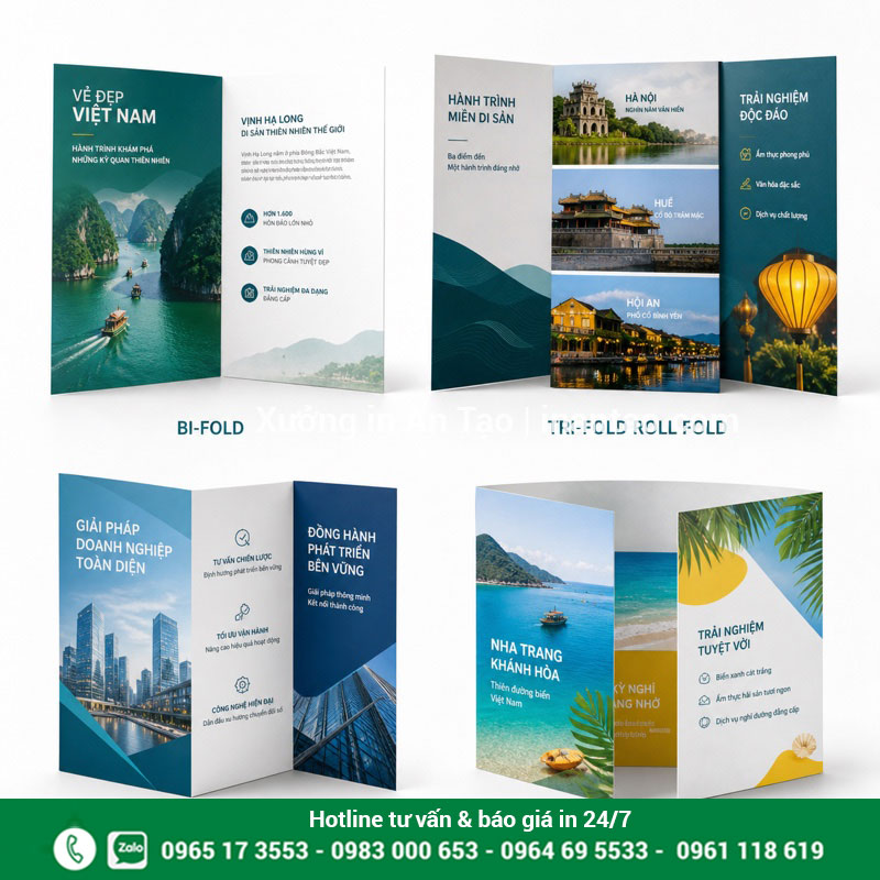 Các kiểu gấp brochure phổ biến Bốn kiểu gấp brochure gồm gấp đôi, gấp ba, chữ Z và cửa sổ