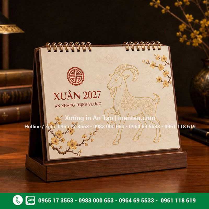 Mẫu lịch để bàn đế gỗ cao cấp Lịch để bàn đế gỗ cao cấp thiết kế Xuân 2027