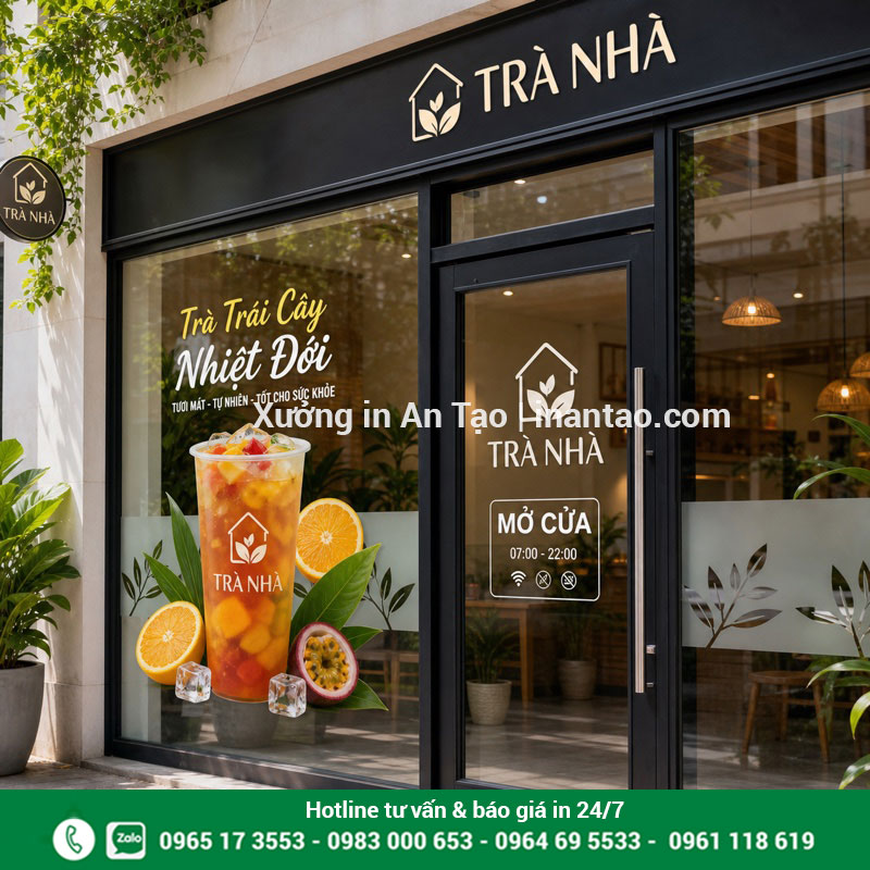 Decal dán kính cửa hàng thiết kế theo yêu cầu Mẫu in decal dán tphcm cho cửa kính quán đồ uống