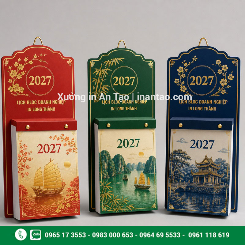 Mẫu lịch bloc in logo doanh nghiệp Ba mẫu lịch bloc doanh nghiệp màu đỏ xanh lá và xanh dương