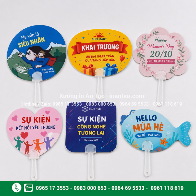 Mẫu quạt giấy in theo yêu cầu tròn oval và hình riêng Các mẫu quạt giấy in theo yêu cầu nhiều kiểu dáng