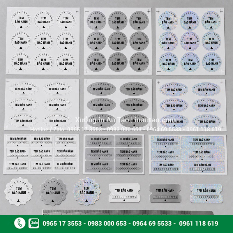 Mẫu in tem bảo hành theo yêu cầu về hình dáng và vật liệu Mẫu tem bảo hành tròn oval chữ nhật trên nhiều chất liệu