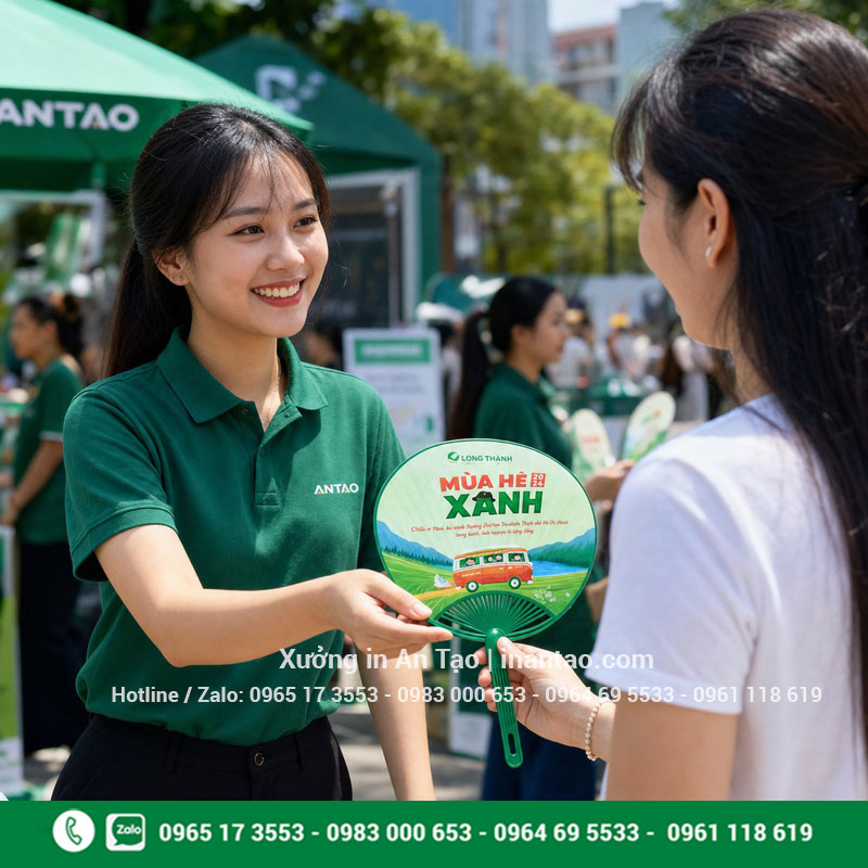 Quạt cầm tay quảng cáo cho chương trình sự kiện Quạt cầm tay quảng cáo được phát tại sự kiện ngoài trời