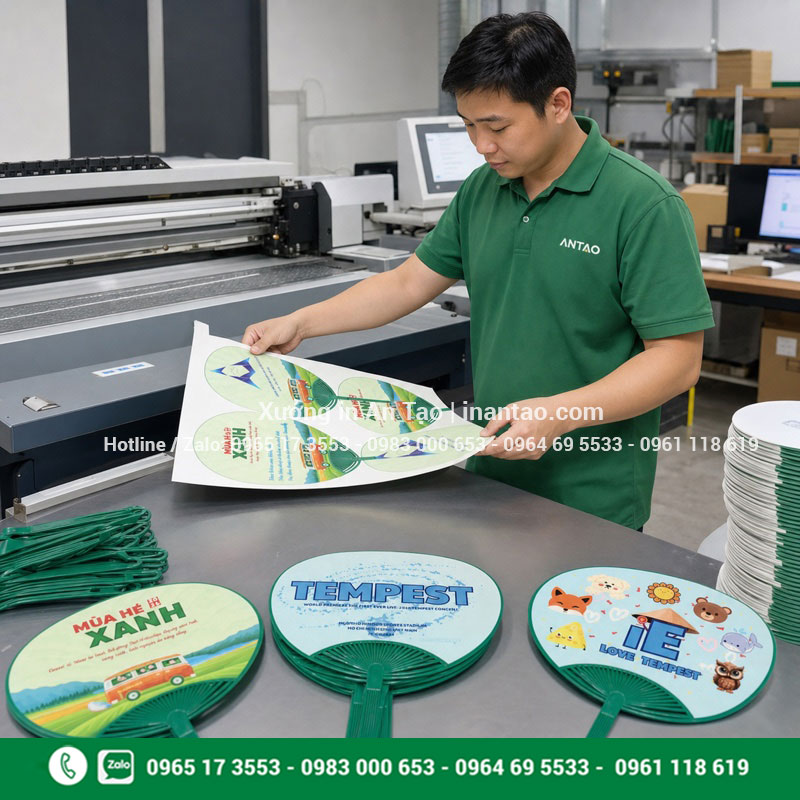 Quy trình sản xuất quạt cầm tay tại xưởng Long Thành Sản xuất quạt cầm tay và kiểm tra bản in tại xưởng