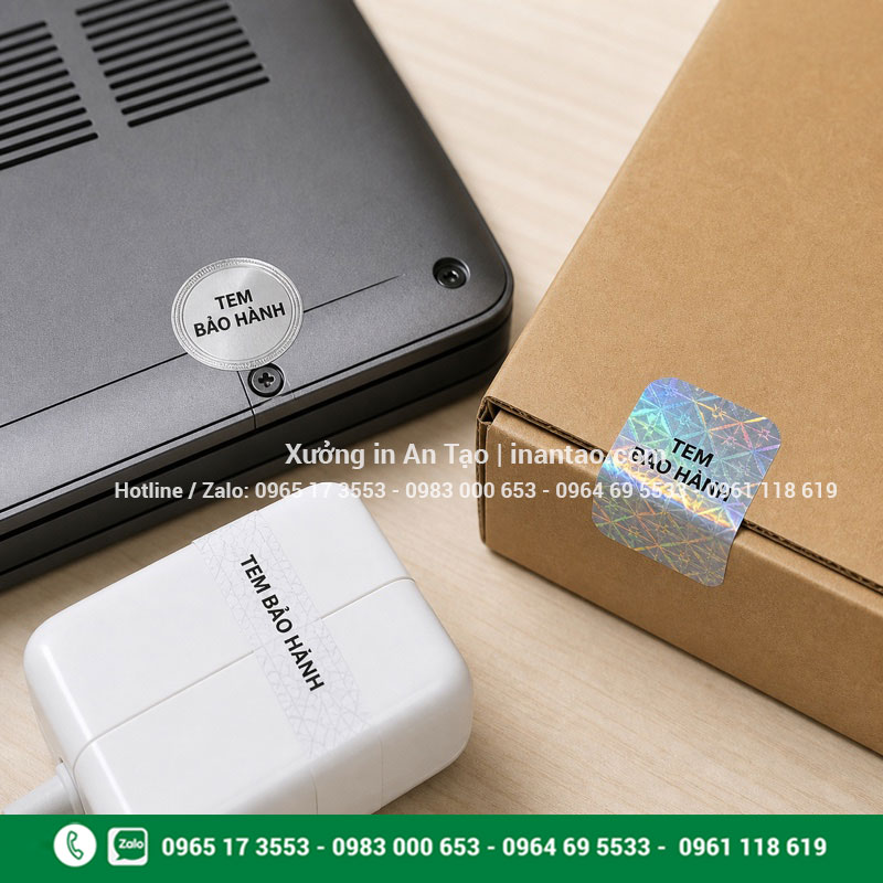 Ứng dụng tem bảo hành niêm phong thiết bị và bao bì Tem bảo hành niêm phong laptop bộ sạc và hộp sản phẩm