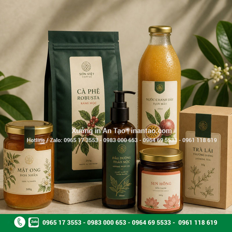 Ứng dụng in tem nhãn cho thực phẩm mỹ phẩm và đồ uống Tem nhãn được dán hoàn thiện trên chai hũ túi và hộp sản phẩm