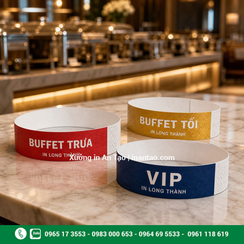 In vòng đeo tay cho buffet phân màu gói dịch vụ Vòng đeo tay quản lý khách tham gia buffet theo khung giờ