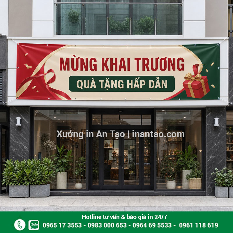 Mẫu banner quảng cáo khai trương ngoài trời Banner khai trương Hiflex lắp ngoài mặt tiền cửa hàng
