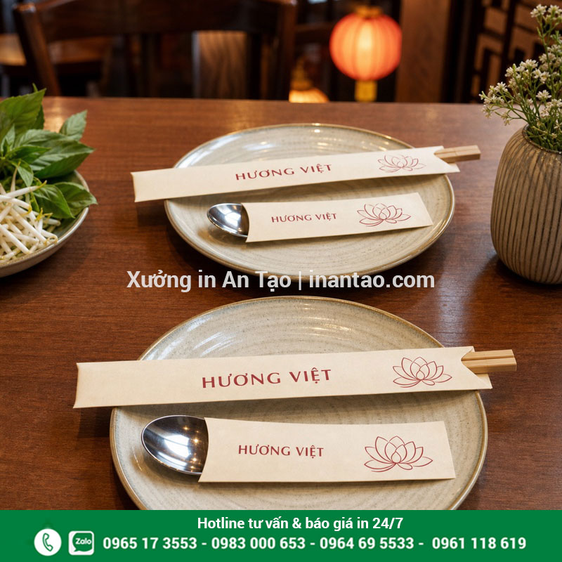 Ứng dụng in bao muỗng và bao đũa nhà hàng Bao đũa và bao muỗng in đồng bộ trên bàn ăn nhà hàng