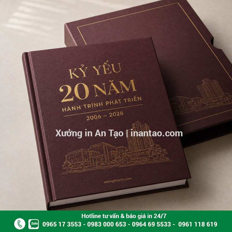 Mẫu bìa kỷ yếu doanh nghiệp màu đỏ nâu ép kim 20 năm cùng hộp đựng