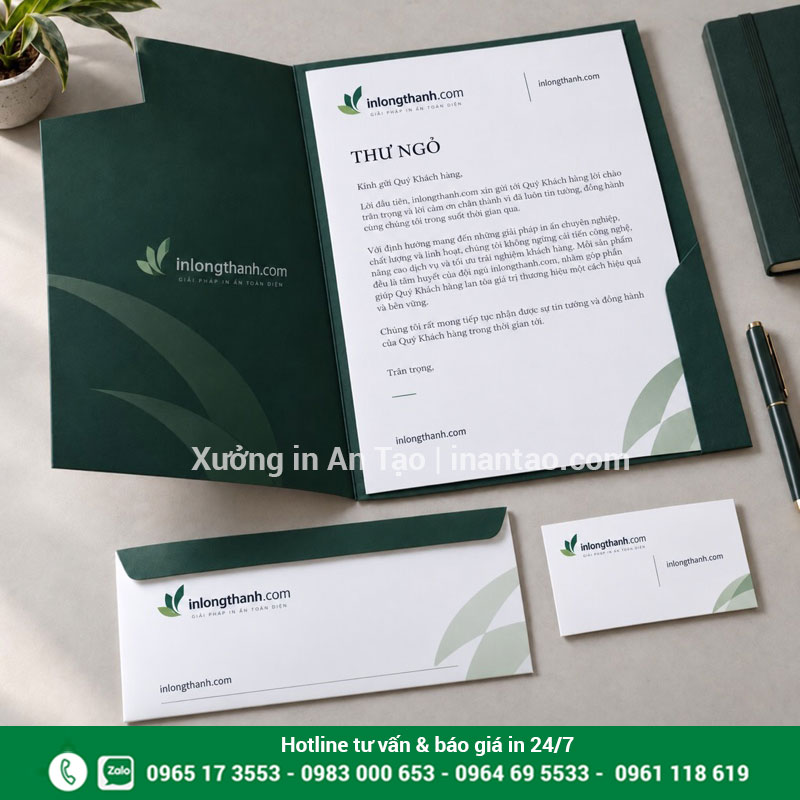 Bộ tiêu đề thư và ấn phẩm văn phòng đồng bộ Bộ giấy tiêu đề phối cùng bao thư và folder màu xanh đồng bộ