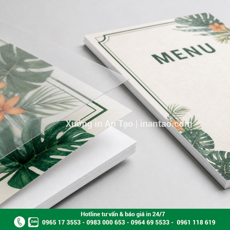 Cấu tạo menu bồi formex ba lớp Cấu tạo màng cán, decal in và lõi của menu bồi formex
