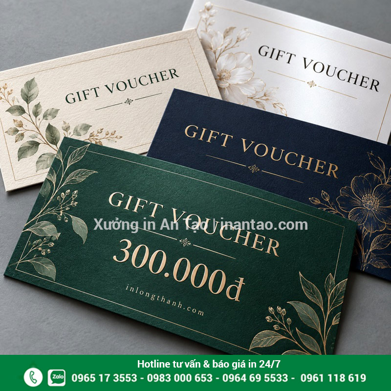 Gợi ý chất liệu và hoàn thiện voucher Các mẫu voucher trên bề mặt giấy mờ, giấy có vân và thiết kế ép kim