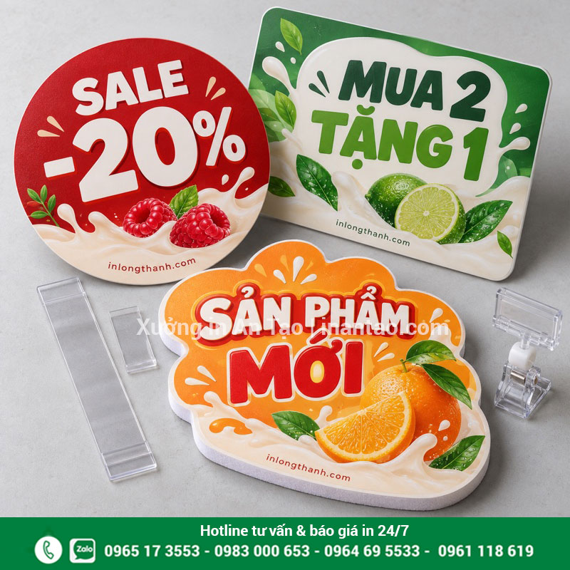 Chọn chất liệu mặt in wobbler theo vị trí trưng bày Mẫu mặt in wobbler bằng giấy, nhựa và tấm bồi cứng đặt cạnh phụ kiện