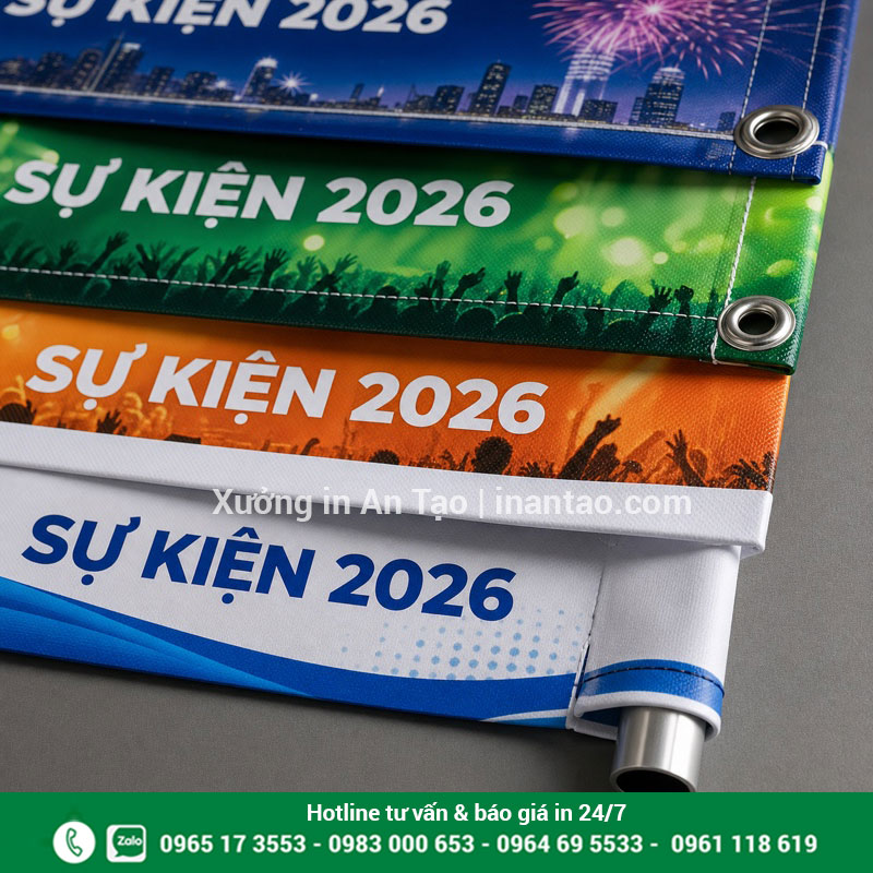 Gia công banner hoàn thiện theo vị trí lắp Các kiểu gấp biên đóng khoen và xỏ cây cho banner