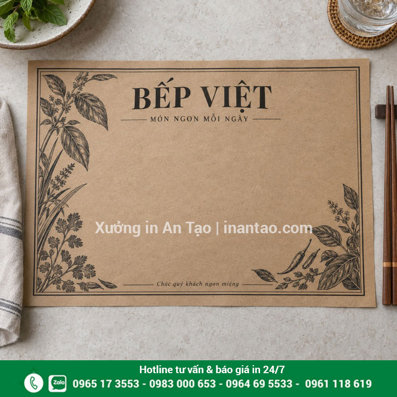 Tờ lót bàn Kraft màu nâu in tên Bếp Việt và họa tiết lá bằng mực đen