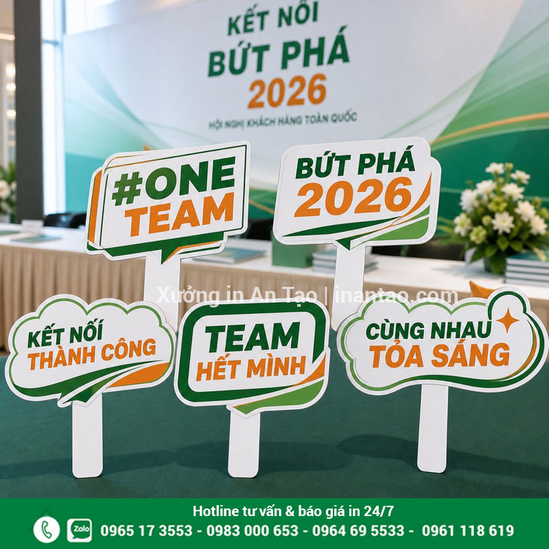 Hashtag cầm tay công ty đồng bộ nhận diện sự kiện Bộ hashtag cầm tay công ty màu xanh cam cho hội nghị