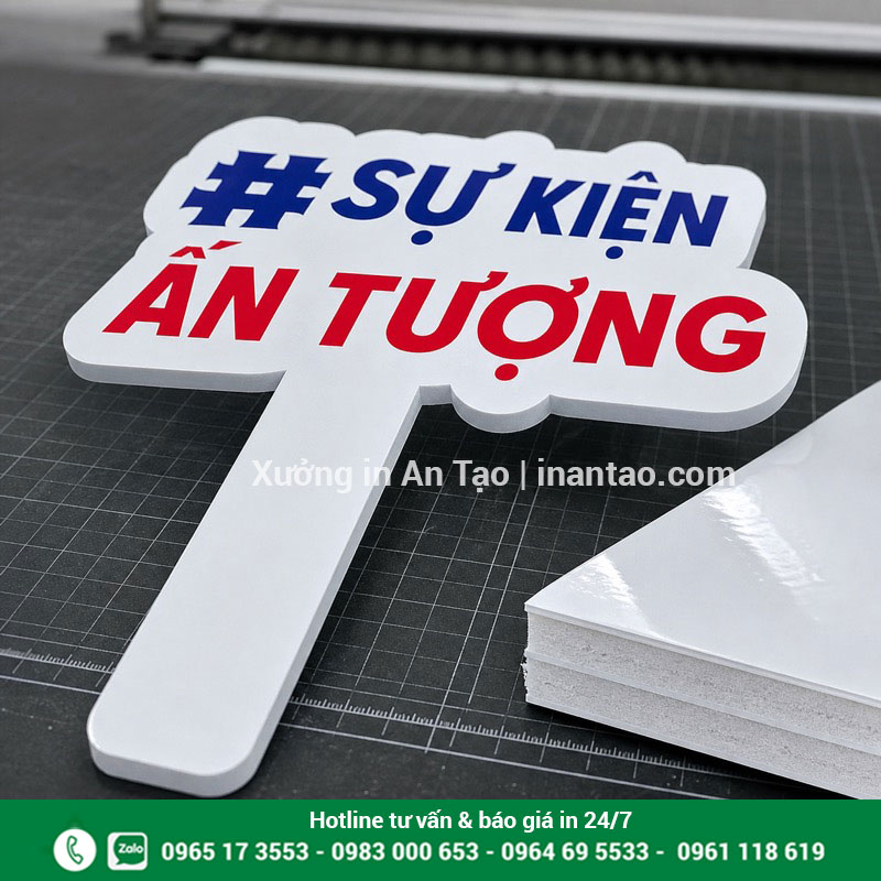 Vật liệu in hashtag PP cán màng bồi formex 5 mm Cận cảnh hashtag cầm tay bằng PP bồi formex 5 mm