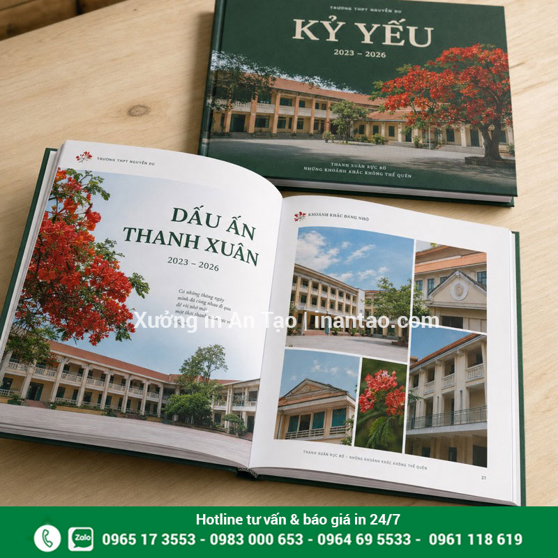 Cận cảnh cuốn kỷ yếu mở trang ảnh sân trường và phần gáy đóng hoàn thiện