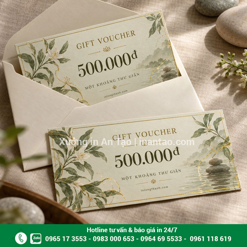 Thiết kế gift voucher spa kèm phong bì Mẫu gift voucher spa 500.000 đồng tông kem kèm phong bì