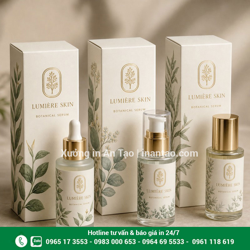 Mẫu in hộp giấy mỹ phẩm cao cấp tại inlongthanh.com In hộp giấy mỹ phẩm Ivory cán mờ và ép kim theo yêu cầu