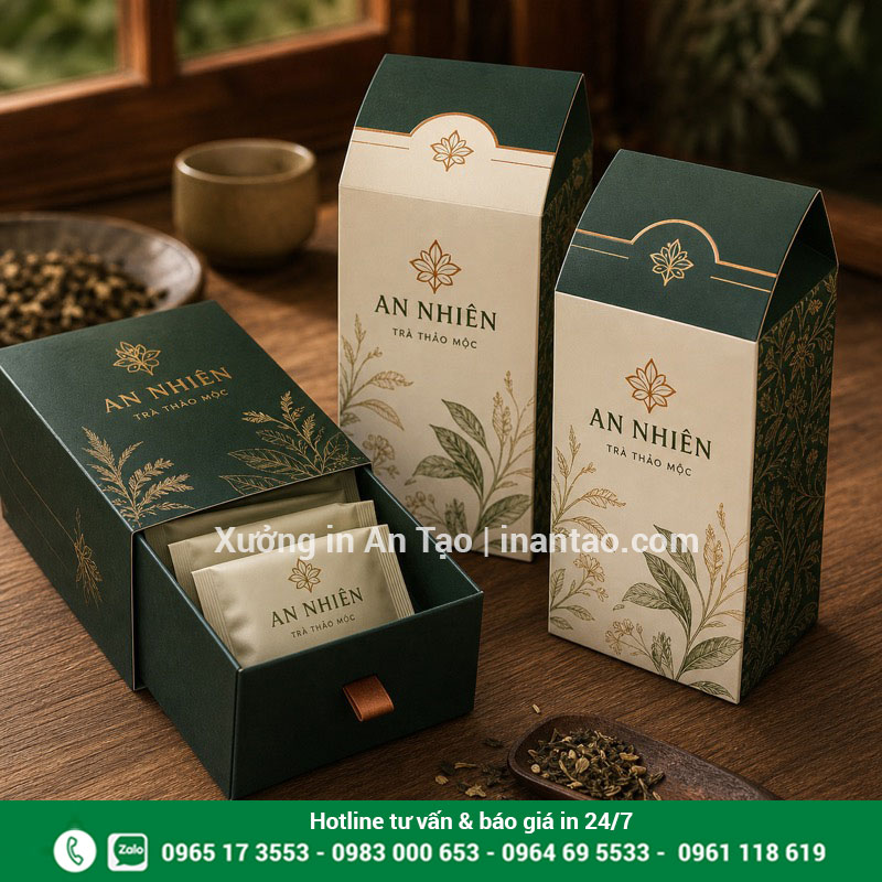 Mẫu in hộp giấy đựng trà cao cấp, thiết kế đồng bộ Hộp trà dạng ngăn kéo và hộp nắp gài in hoàn chỉnh