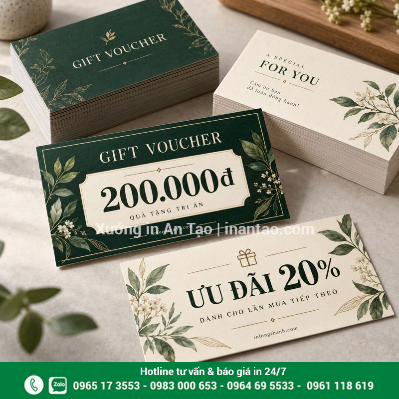 Mẫu in voucher xanh kem tại inlongthanh.com Bộ voucher xanh kem với mệnh giá 200.000 đồng và ưu đãi 20%