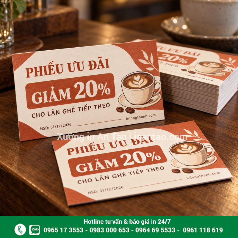 Mẫu voucher khuyến mãi cho quán cà phê Phiếu ưu đãi cà phê giảm 20% tông cam kem có hạn sử dụng