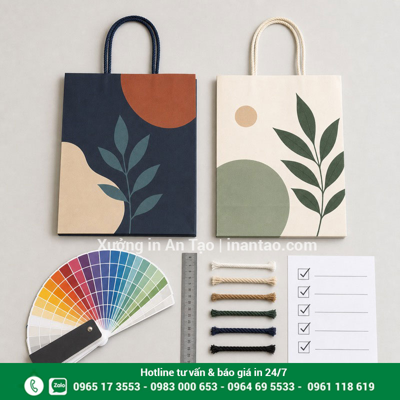 Các bước kiểm soát chất lượng túi giấy trước giao hàng Kiểm tra màu kích thước quai và bề mặt túi giấy thành phẩm