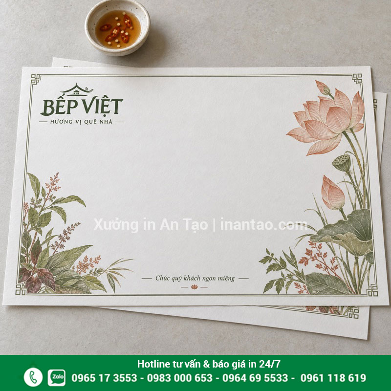 Mẫu lót bàn giấy trắng in hoa lá và chữ Bếp Việt với vùng giữa để đặt đĩa