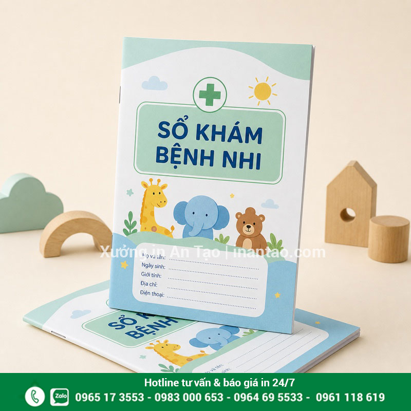 Mẫu sổ khám bệnh nhi thiết kế theo nhận diện phòng khám Mẫu sổ khám bệnh nhi màu xanh với minh họa thân thiện